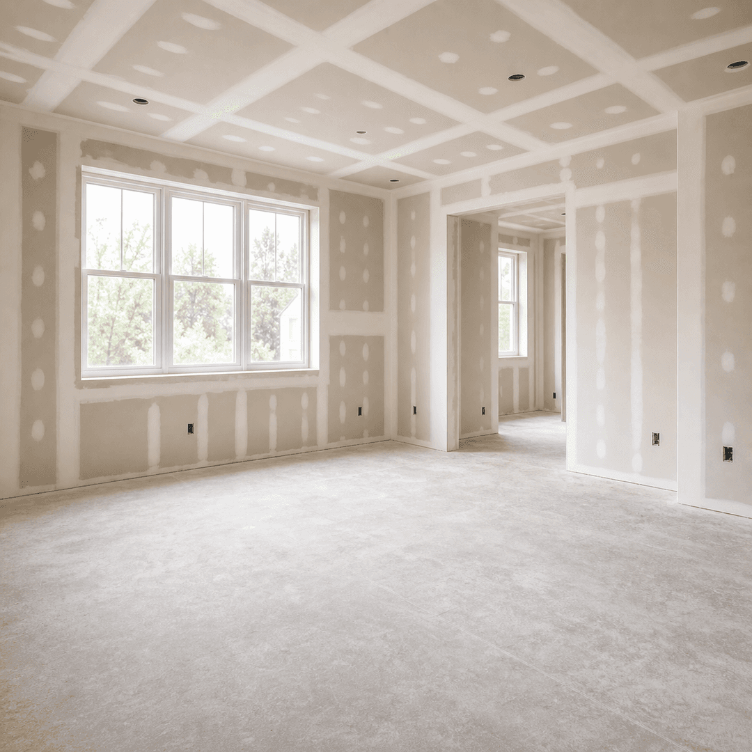 Clean unfinished drywall room prepared for consultation planning